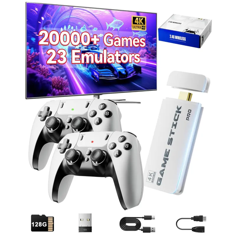 Stick consola de jocuri retro modernizat, stick de jocuri video HD clasic cu HDMI 4K, memorie de 128 GB, 23 de emulatoare incorporate, peste 20.000 de jocuri - USB wireless, potrivit pentru TV, computer, proiector, monitor, stick de jocuri cu control