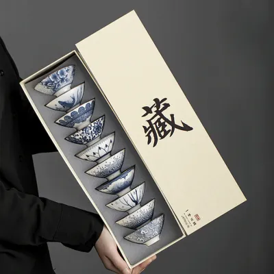 Set 10 Cesti Ceramice Premium Stil Asiatic, Modele Albastre Traditionale, Design Elegant pentru Ceai, Rezistente la Temperaturi Ridicate, Cadou Ideal in Cutie Eleganta, PriStyle®