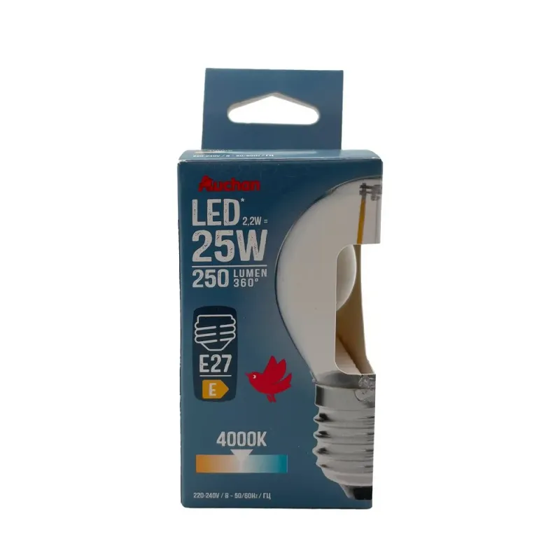 Bec LED Auchan, E27, 2.2 / 25 W, lumina calda, forma sfera