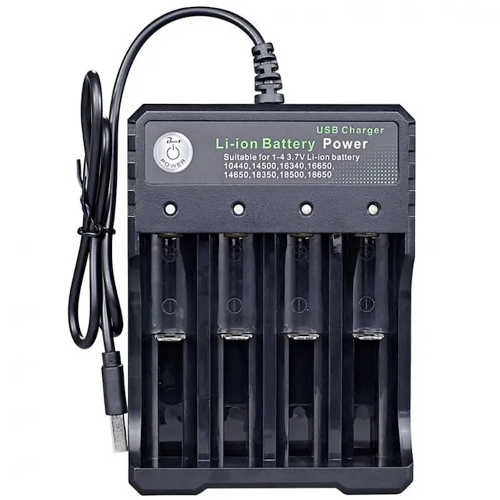 Incarcator universal pentru 4 acumulatori Li-ion 18650, indicator LED, negru, Dactylion®