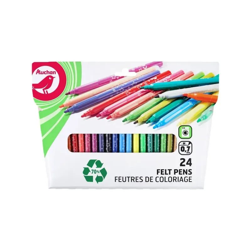 Set 24 markere colorate cu varf mediu Auchan din plastic reciclat