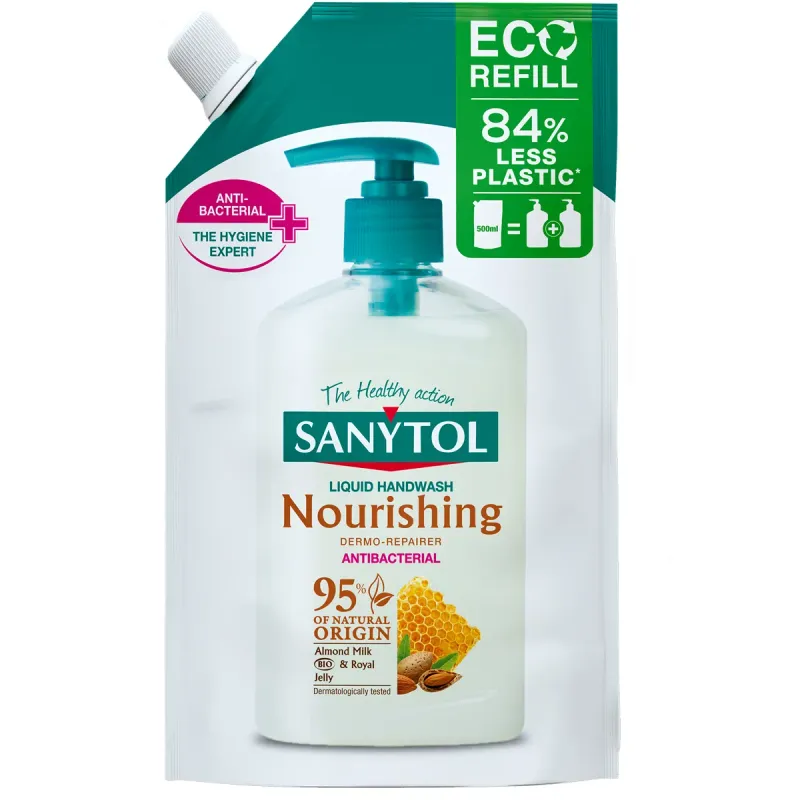 Rezerva sapun lichid Sanytol Nourishing Antibacterial Almond Milk & Royal Jelly, 500 ml