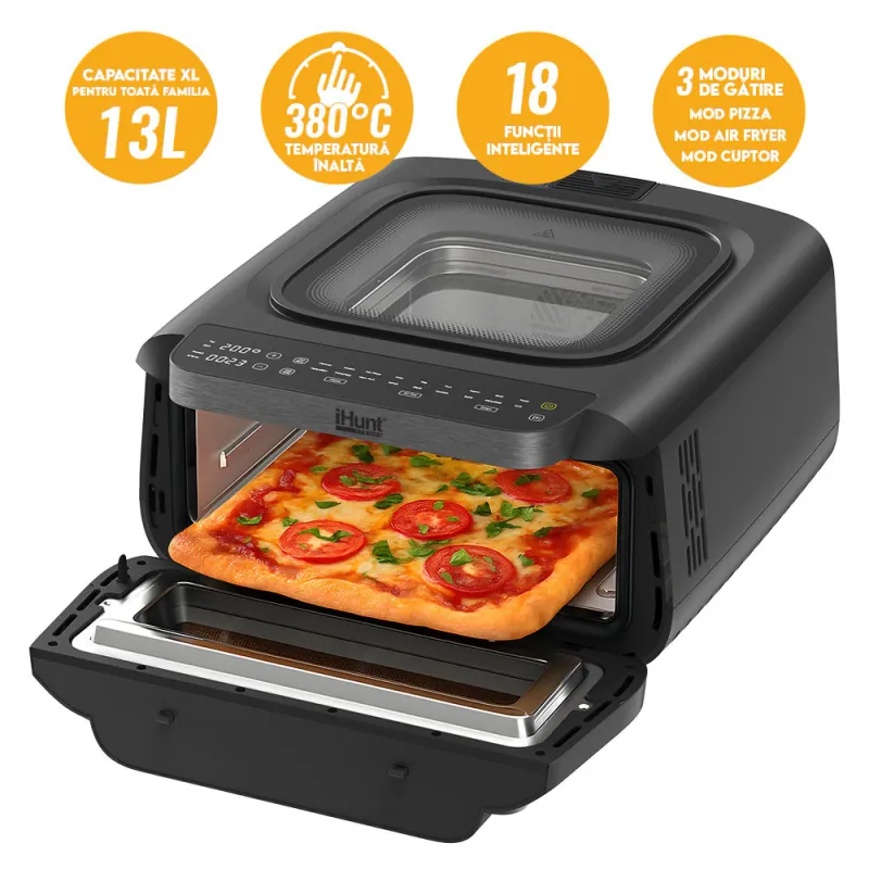 Friteuza cu aer cald iHunt Bro Pizza Air Fryer ULTRA FAST, 13L, 2100W / 1600W sus - 500W jos, 18 Programe Predefinite, Cuptor Profesional 3-in-1, Control Digital Touch, Termostat 40 – 380°C, Temporizator, Baza Anti-Alunecare, Indicator, Silver Black