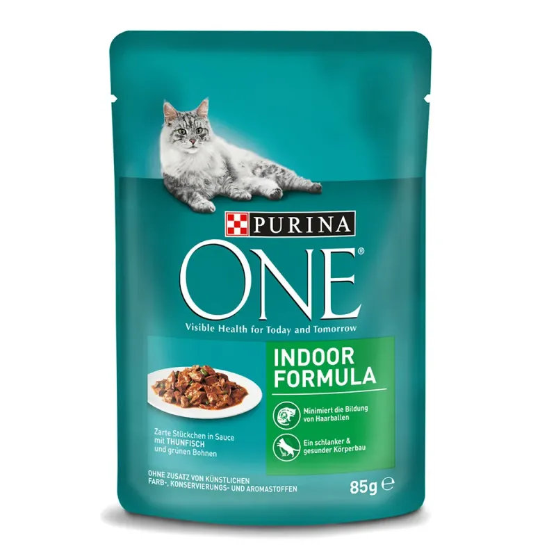 Hrana umeda pentru pisici Purina One Indoor Formula, file cu ton si fasole verde in sos, 85 g