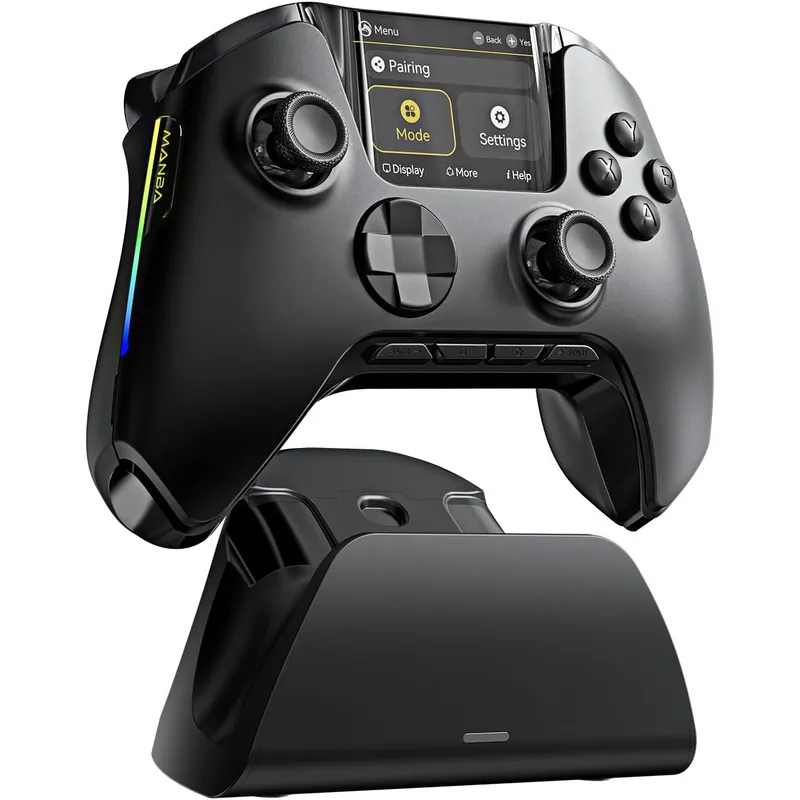 Controler wireless cu programare, display interactiv, butoane microswitch, joystick cu Hall Efect, lumini LED RGB, pentru PC, Switch, iOS, Android, negru