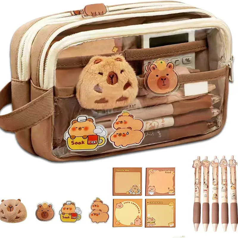 Penar scolar, penar pentru copii, design capibara, include 6 pixuri gel, un clip, 2 brose, o jucarie mica de plus, 20 de biletele adezive, deschidere larga cu capacitate generoasa, 5 compartimente, tesatura oxford, 15x6x21cm, maro
