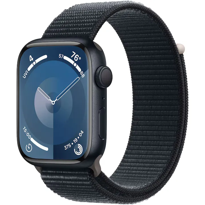 Apple Watch 9, GPS, Carcasa Midnight Aluminium 45mm, Midnight Sport Loop