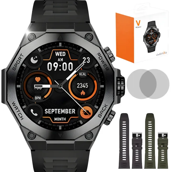 Ceas Smartwatch Barbati Vivendo® IRONFIT, Ecran AMOLED 1.43", Fitness, Sport, Apel Bluetooth, Notificari Limba Romana, Microfon HD, Rezistent Apa 5ATM, 2 Curele Incluse, Negru