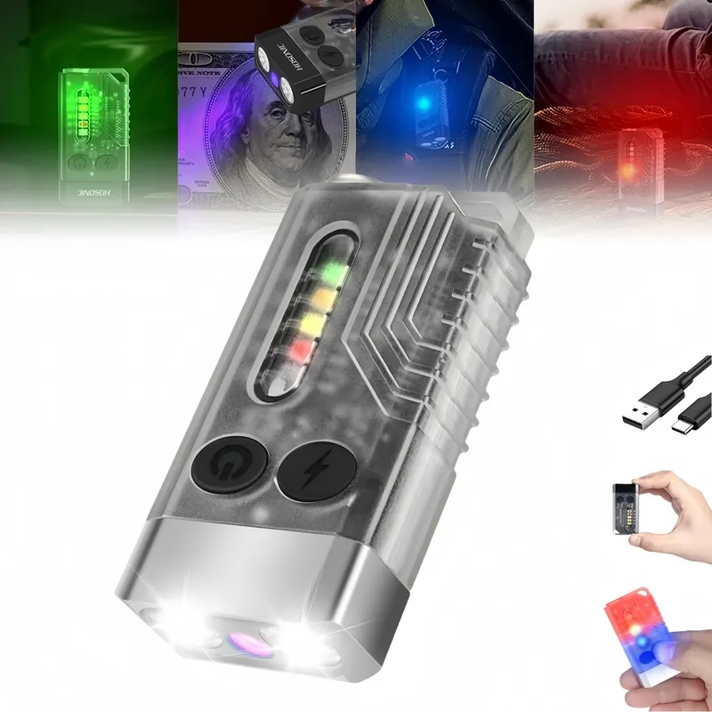 Lanterna LED mini de buzunar, RorAem, Lanterna Mini de Buzunar cu 1000 lumeni, cu beep de urgenta 80 DB, cu Laser rosu, 12 Moduri Iluminare, impermeabil IPX4, USB reincarcabil, 14 moduri, Alb