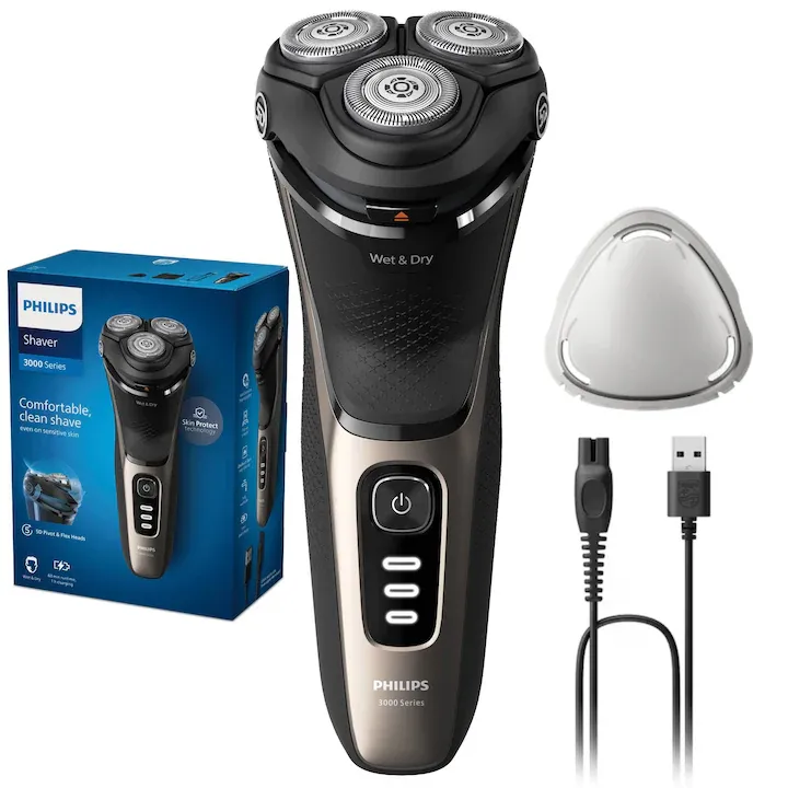 Aparat de ras PHILIPS Seria 3000 S3242/12, 3 capete rotative 5D Flex, ras umed&uscat, trimmer pop-up pentru perciuni/cioc, autonomie 60 min /1h incarcare, maner ergonomic, capac de protectie, complet lavabil, grej metalic