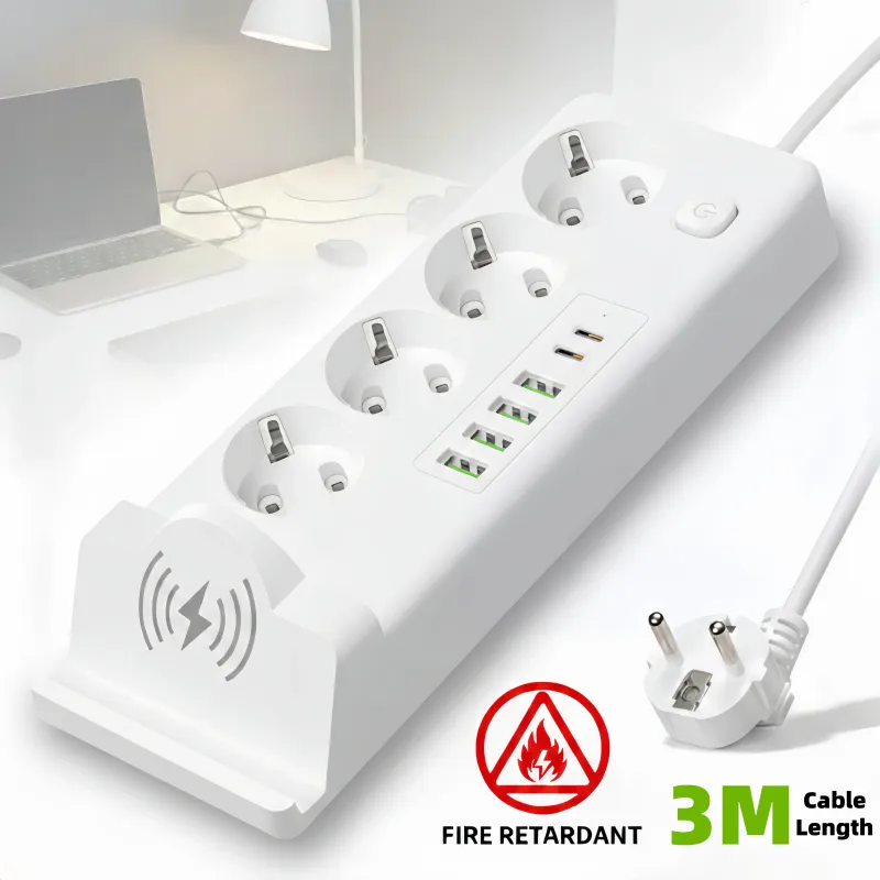 Prelungitor Seabeloom 3000W, 11-in-1, 3m, cu 4 prize AC, 4 porturi USB-A, 2 porturi USB-C, Incarcare Wireless 15W, 220V-250V, protectie la supratensiune, design compact, pentru Casa si Birou