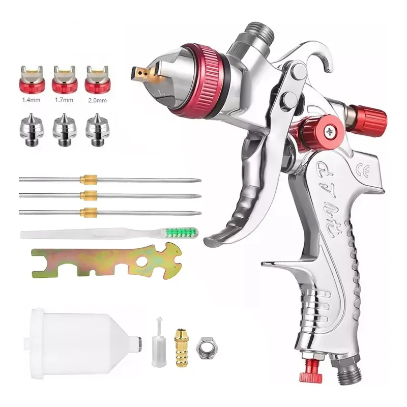 Set pistol de vopsit universal HVLP, GOXAWEE, G5253, cu 3x duza 1.4 1.7 2.0 mm, 600ml, Flux si latime de pulverizare reglabile, Pentru grunduri auto, pulverizarea suprafetelor de mobilier, vopsea de perete, Argintiu/Rosu