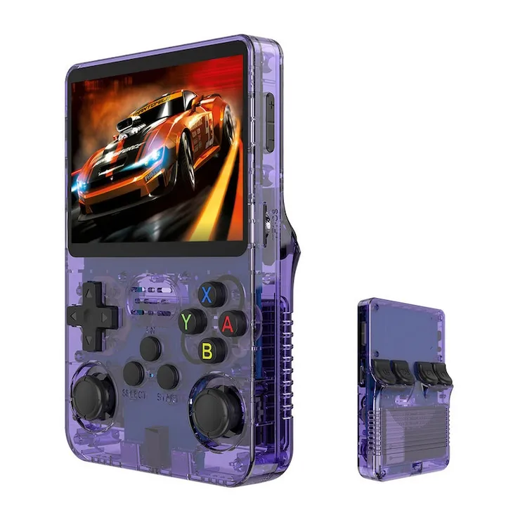 Consola jocuri retro portabila R36S, JESWO®, 64G, CPU RK3326, Ecran IPS 3.5 inch, 640x480, Emulator PS1/N64/ FC/GBA/PSP, Violet