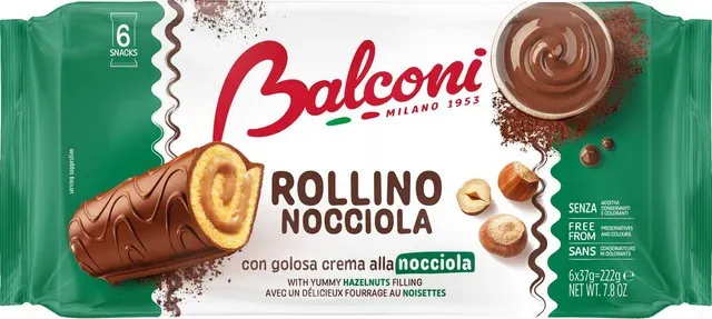 Rulada glazurata cu umplutura de alune de padure Balconi Rollino, 6 x 37 g