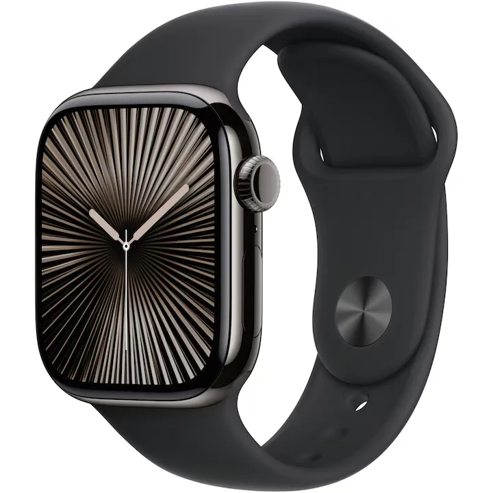 Apple Watch 10, GPS, Cellular, Carcasa Slate Titanium 42mm, Black Sport Band - M/L