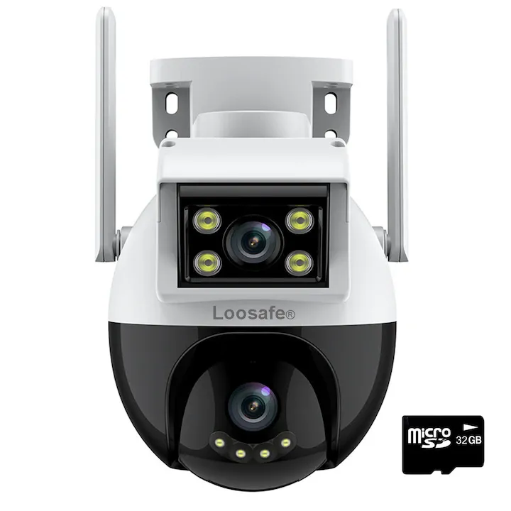 Camera de supraveghere dubla WIFI Loosafe® DC80 Plus+ Hawk, 8MP, exterior/interior, Ultra HD, 5X zoom, rotire, leduri lumina, comunicare bidirectionala, senzor miscare, Argintiu