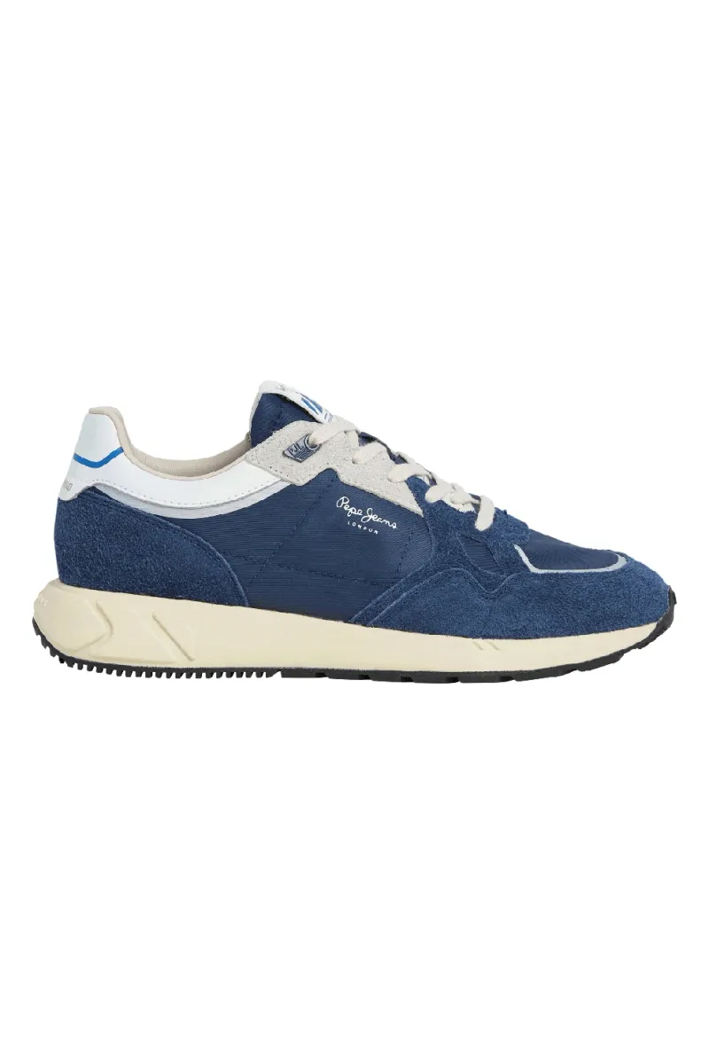 Pepe Jeans London, Pantofi sport cu garnituri din piele intoarsa si plasa, Alb/Albastru inchis