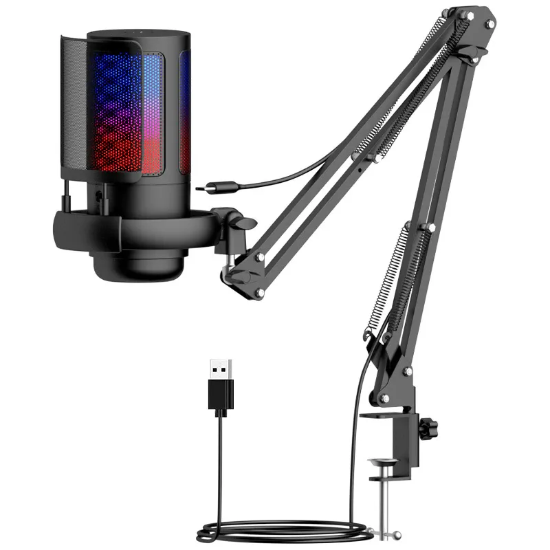 Microfon Gaming, Dytimeem, D1PRO, pentru Streaming, Youtube, Tiktok, Profesional, Brat Ajustabil, USB, Reducere zgomot fundal, Functie mute rapid, Cardioid, Lumina RGB, Pop-Filter, Suport de soc, compatibil Windows, MacOS, PS4, PS5