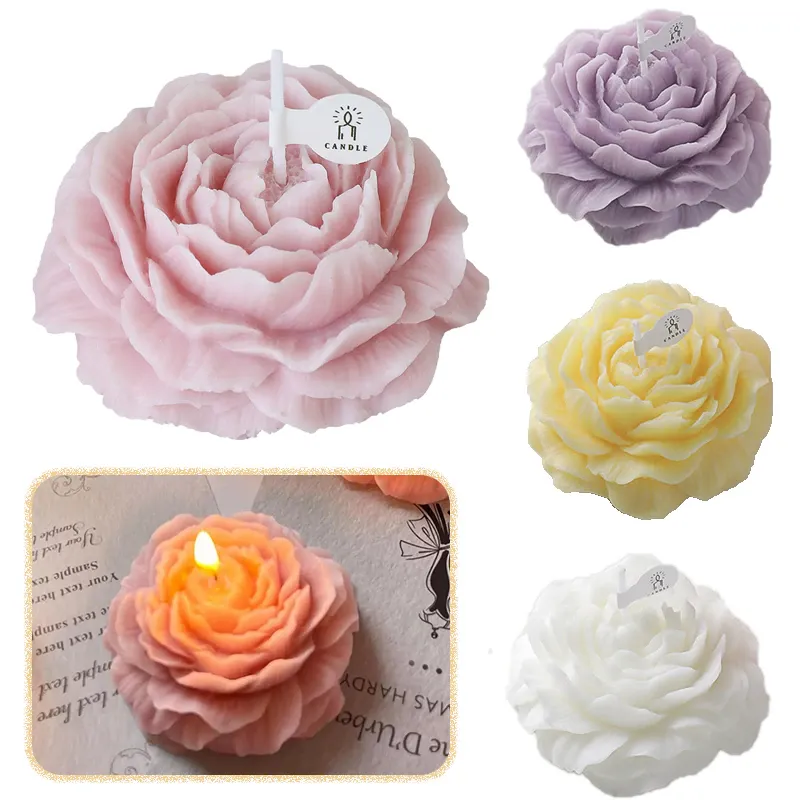Set de 4 Lumanare parfumata in forma de bujor, BOMSTOM, Ardere 10h, culori pastel: alb, roz, galben, Violet, Parfum floral, 7.5x3cm