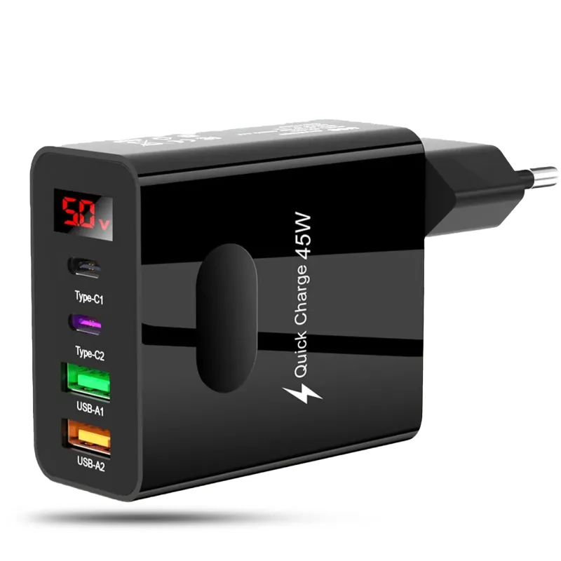 Incarcator Retea Timebox, 45W Fast Charge, cu 4 Porturi – 2 x Type-C si 2 x USB-A, Incarcare Rapida pentru iPhone, Samsung, Huawei, Xiaomi, Compatibilitate Universala, Design Compact si Protectii Avansate, Negru