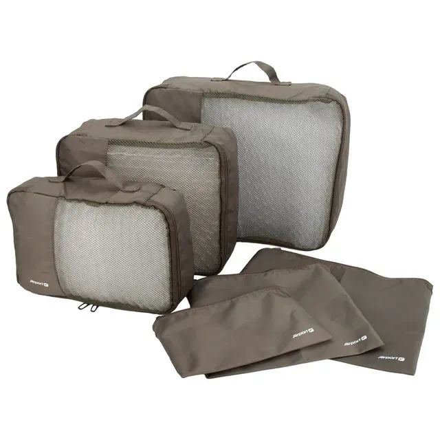 Set organizatoare bagaj 6 piese Airport, poliester ripstop si plasa, 36 x 15 x 27 cm, kaki