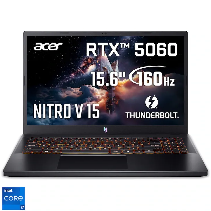 Gaming Acer Nitro V 15 ANV15-52-7186 cu procesor Intel® Core™ i7-13620H pana la 4.9GHz, 15.6" Full HD, IPS, 165Hz, 16GB DDR4 RAM, 1TB SSD, NVIDIA® GeForce RTX™ 5060 8GB GDDR7, No OS, Obsidian Black