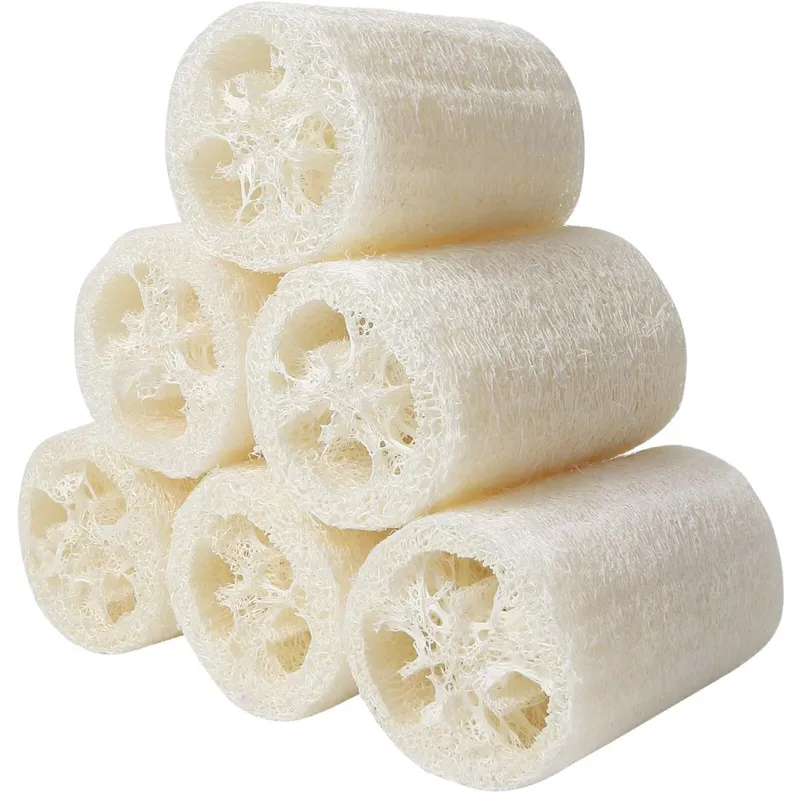 Set 6 Burete natural lufa, Zggzerg, Burete de baie, Stimuleaza circulatia sangelui, Pentru curata pielea, Mic si portabil, Prietenos cu mediul, Reutilizabil, Poate fi utilizat pentru spa, bucatarie, baie, 10cm lungime, Diametru 4-7cm, Alb