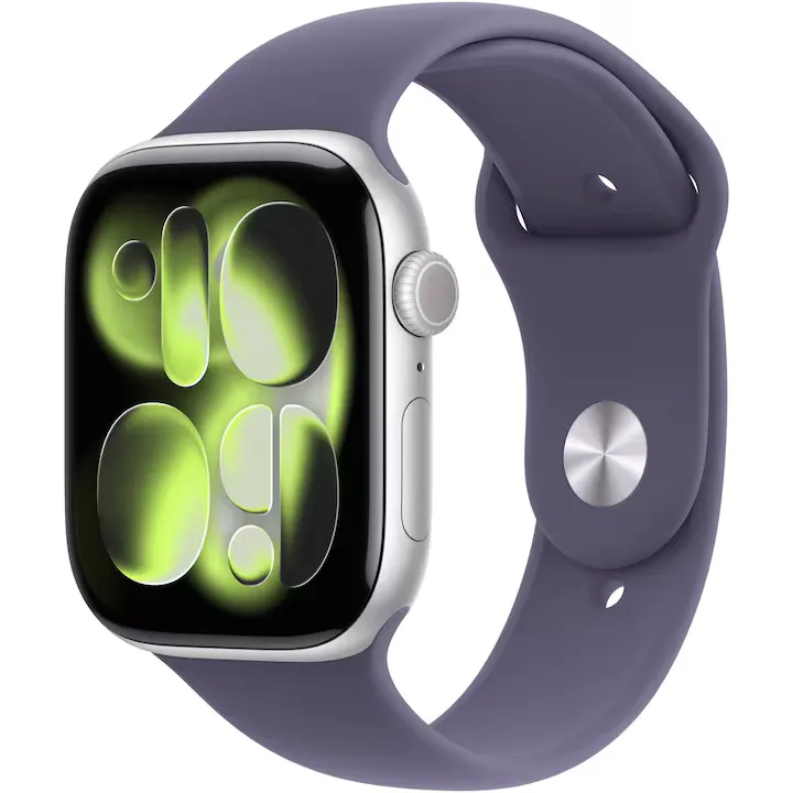 Apple Watch 11 GPS, Carcasa Silver Aluminium 46mm, Purple Fog Sport Band - M/L