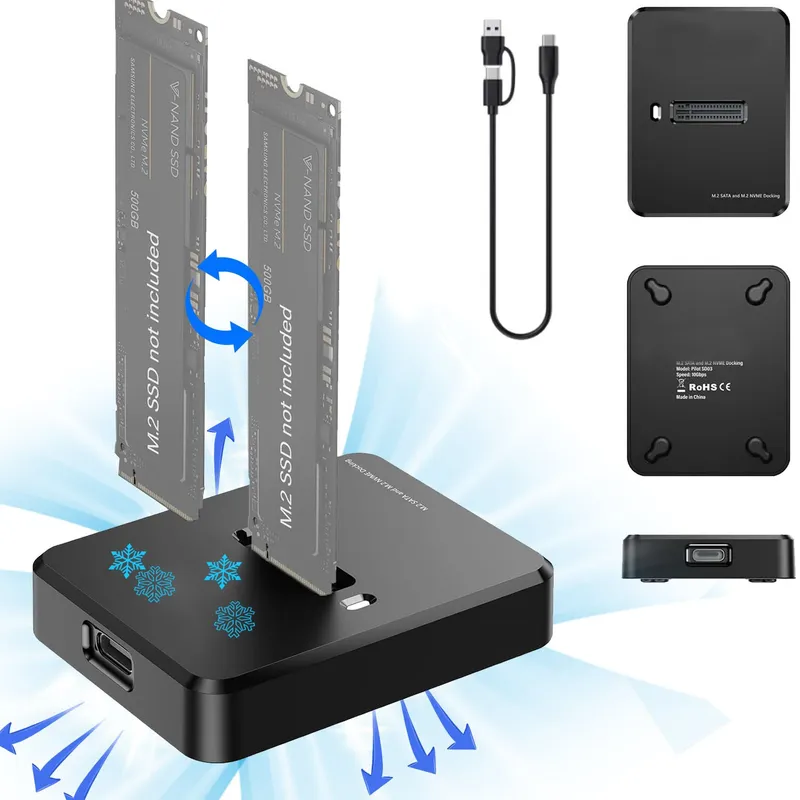 Adaptor M.2 Nvme Sata Ssd Pocket USB-C 3.1 Drive, Puepoul, Viteza 10gbps, Enclosure portabila, Dimensiune pentru 2280 2260 2242 2230, Compatibil cu M.2 (M Key, B+M Key) NVMe & SATA NGFF SSD Dock, Plug and play, Negru