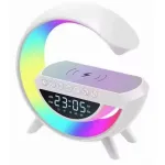 Boxa 3 in 1 cu ceas, lampa led rgb smart, Rovitech, incarcator telefon wireless, bluetooth, lumina rgb, alb