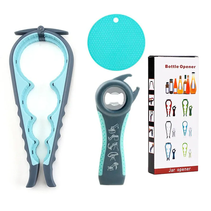 Set deschizator 3 in 1 turcoaz – pentru borcane, sticle si dopuri, silicon antiderapant, ideal pentru varstnici