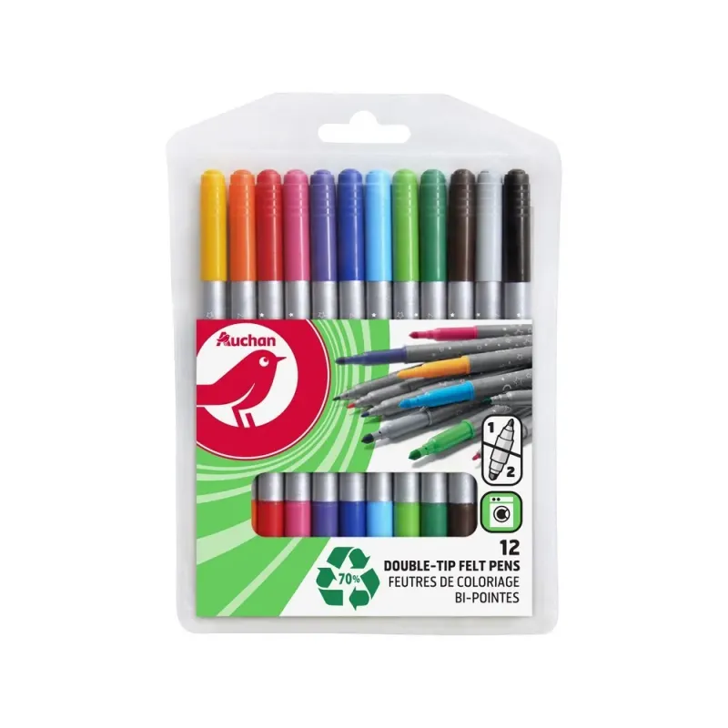 Set 12 markere color cu varf dublu Auchan, din plastic reciclat