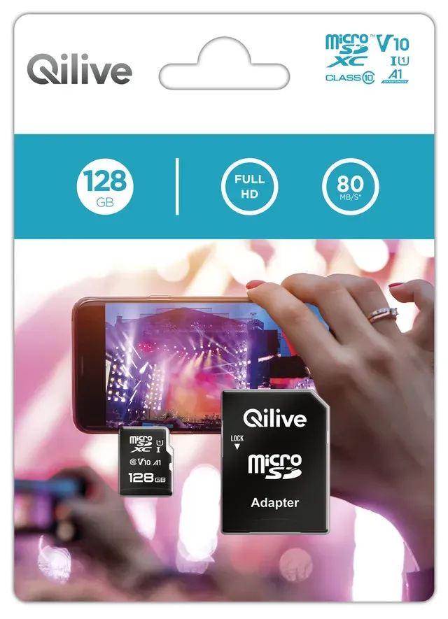 Card de memorie MicroSD si adaptor SD Qilive, clasa de viteza UHS-I U1, 128 GB