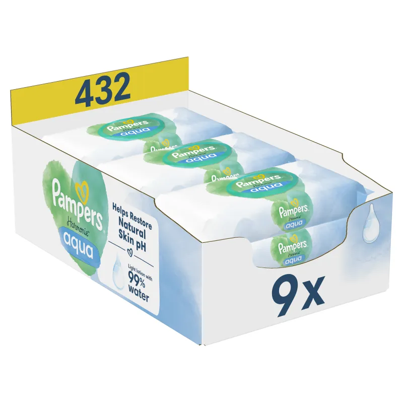 Servetele umede Pampers Harmonie Aqua, 0% plastic, 9 pachete x 48, 432 buc