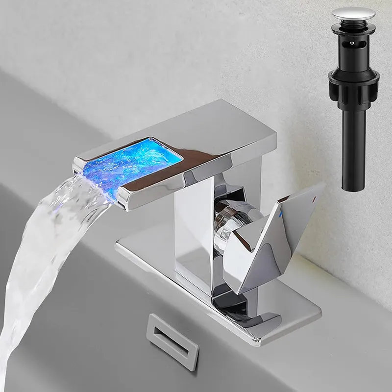 Baterie de baie cu cascada LED, crom lustruit, baterie de lavoar cu o singura maneta, 1 orificiu, lumina schimbatoare in 3 culori, cu scurgere pop-up si conducte de alimentare din cUPC, otel inoxidabil