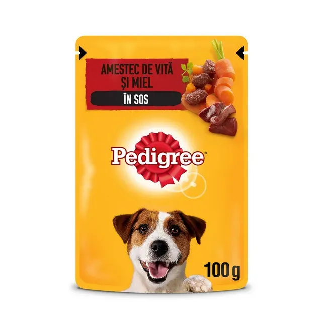 Hrana umeda pentru caini adulti Pedigree, cu vita si miel in sos, 100 g