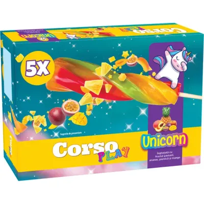 Inghetata pe bat cu fructul pasiunii, ananas, piersica si mango Corso Play Unicorn, 5 x 70 ml