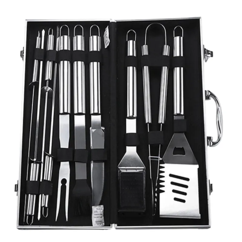 Set 10 ustensile pentru gratar Macvi® din otel inoxidabil premium, geanta transport aluminiu captusita, accesorii pentru un gratar reusit