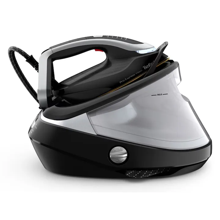 Statie de calcat de inalta presiune Pro Express Vision Tefal GV9821E0, Smart LED Vision, 3000 W, 180 g/min, 9 bari, 800 g/min, tehnologie Smart Steam, tehnologia silentioasa, colector calcar, negru & argintiu