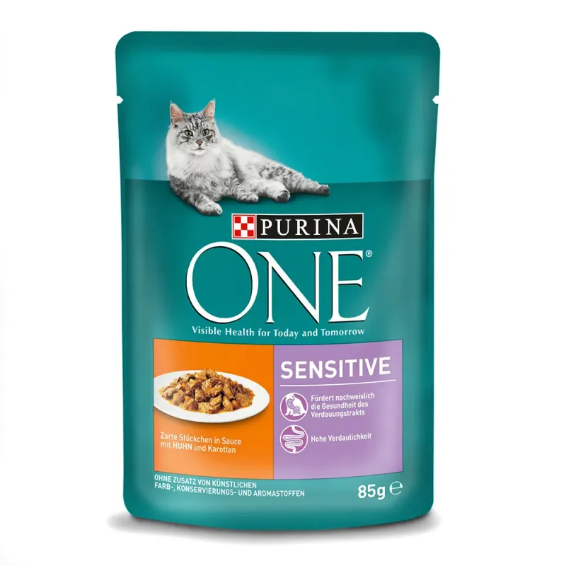 Hrana umeda pentru pisici Purina One Sensitive, file cu pui si morcov in sos, 85 g
