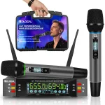 Set 2 microfoane profesionale, SDLOGAL, Cu Receiver Wireless, HD Afisaj Digital, Frecvente Reglabile, 50m, Cutie de depozitare, pentru karaoke, nunta, DJ, petrecere, Negru