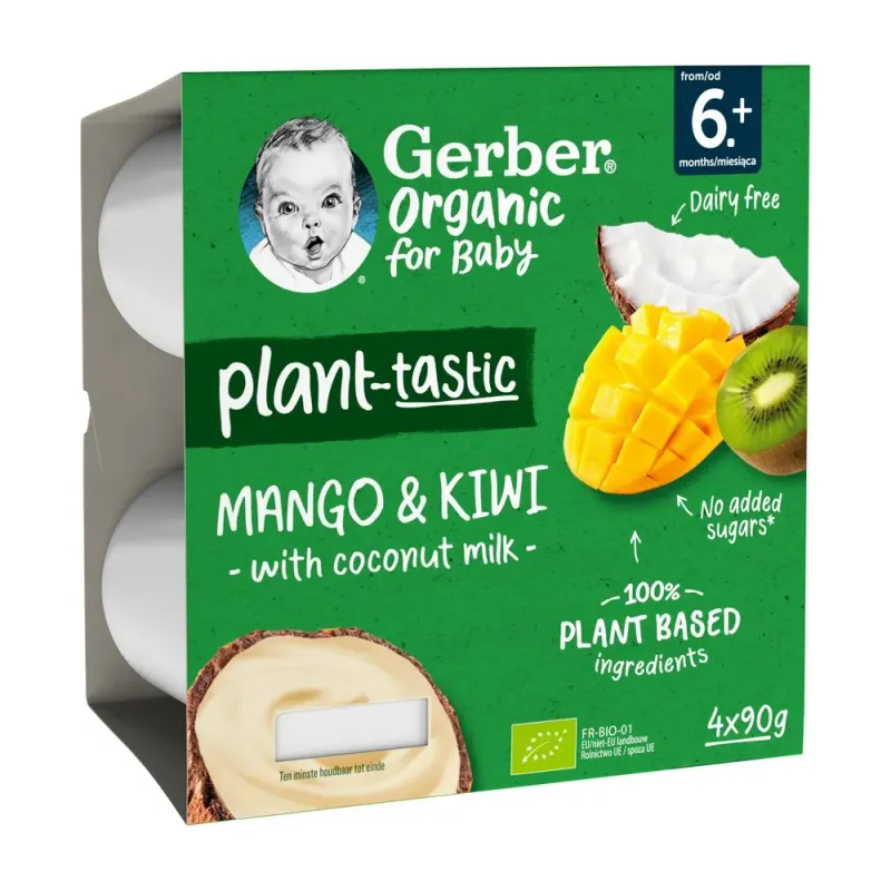 Iaurt vegetal Gerber Bio cu mango, kiwi si cocos, de la 6 luni, 4 x 90 g