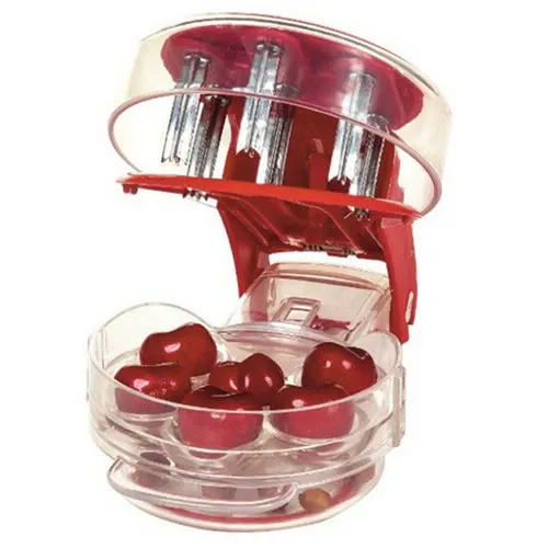 Aparat pentru scos samburi, manual, rezistent, usor de curatat si ideal pentru uz casnic, poate scoate maxim 6 samburi deodata, ideal pentru prajituri si gemuri, din ABS si inox, compacta, rosu, 20,5×11×6 cm, Vadrami