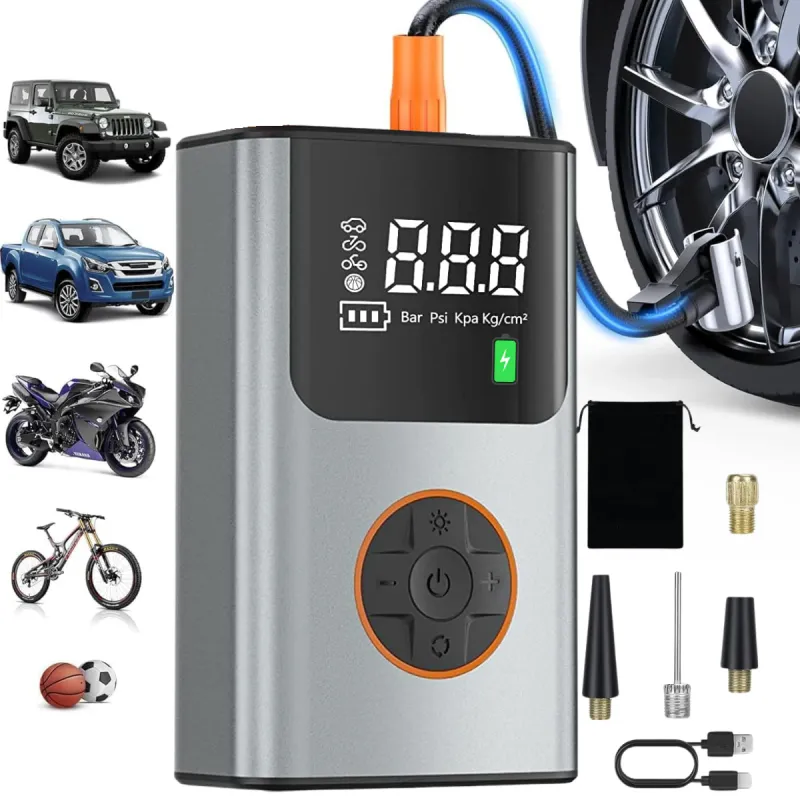 Compresor de Aer Portabil 6-in-1, Pompa Auto Multifunctionala, Bicicleta, Motocicleta si Mingi, cu Baterie 5200mAh, Afisaj Digital LCD, Presiune 150 PSI, Power Bank si Lanterna LED, Oprire automata Manometru digital cu 4 moduri presetate, 4 capete, Gri