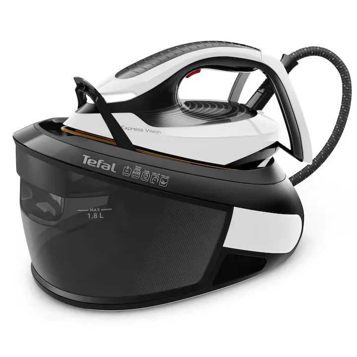 Statie de calcat cu abur fara boiler Tefal Express Vision SV8156E0, 2800 W, presiune 8 bari, jet de abur 600 g/min, abur variabil 0 - 130 g/min, rezervor detasabil 1.8 L, talpa Durilium Autoclean, mod Eco, tehnologie LED Vision, colector calcar, negru