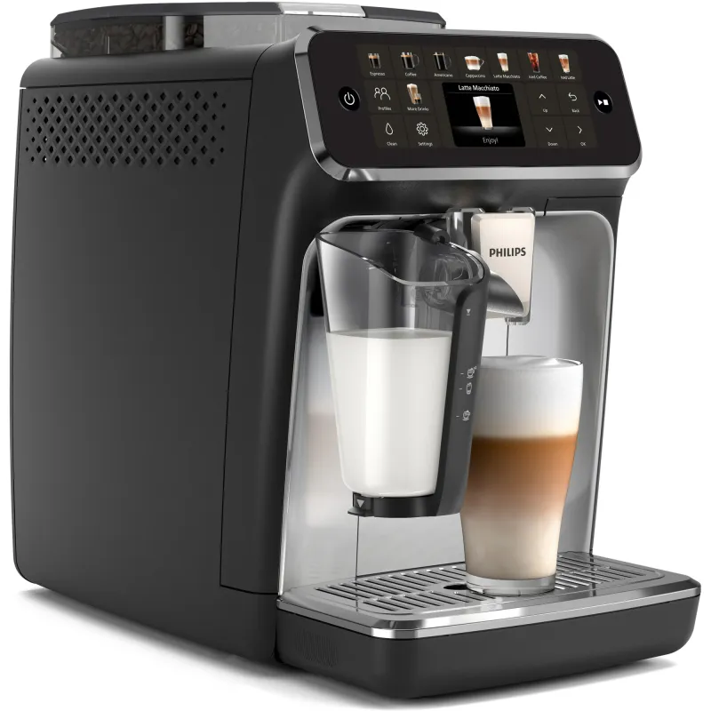 Espressor automat Philips EP5546/70 seria 5500, presiune 15 bari, solutie de lapte LatteGO, 20 tipuri de bauturi, ecran tactil , Tehnologie noua SilentBrew-preparare silentioasa, rasnita ceramica, functie QuickStart, jet suplimentar, negru argintiu