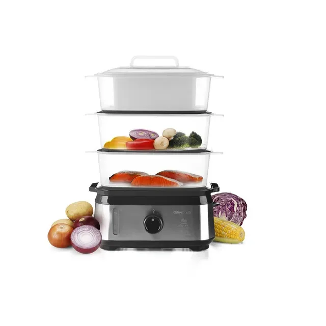 Aparat de gatit cu aburi Qilive Q.5756, 3 cosuri, capacitate maxima 9 l, alimentare externa cu apa