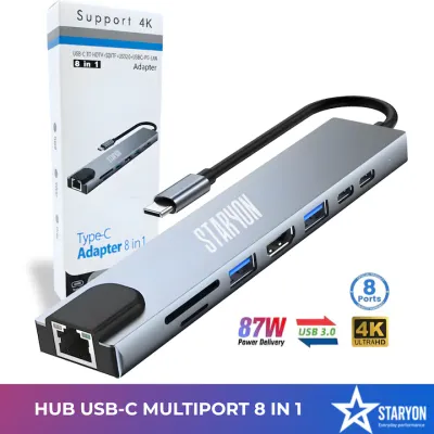 Adaptor HUB USB-C Multiport 8 in 1 Staryon®, HDMI 4K, LAN RJ45 Ethernet, 1 x USB Type-C, 2 x USB-A, PD 87W Charging Port, SD/TF Card Reader, Docking Station Laptop Lenovo, Dell, HP, Asus, Acer, Apple MacBook Air/Pro, Chromebook, Tableta, Gri