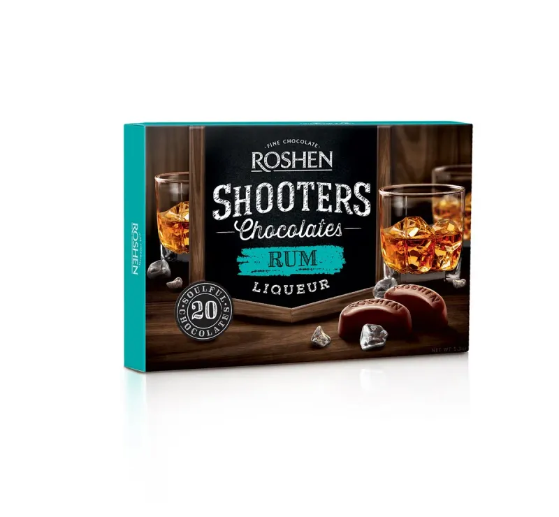 Praline de ciocolata neagra si umplutura cu rom Roshen Shooters, 150 g