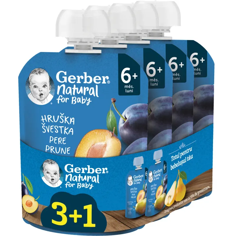 Piure de prune si pere Gerber, de la 6 luni, 4 x 90 g